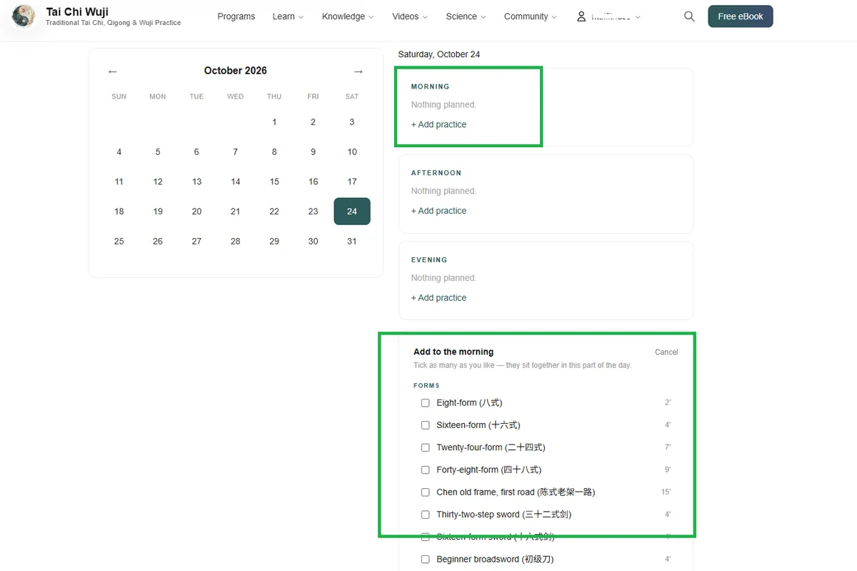 Adding practices to a morning: a list of forms and sets, each with a checkbox and a length.