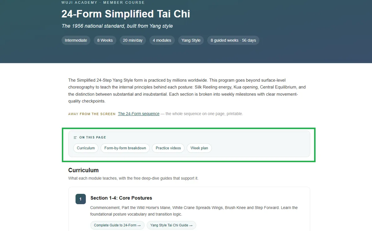 A course page, with the section list at the top for jumping to a part.