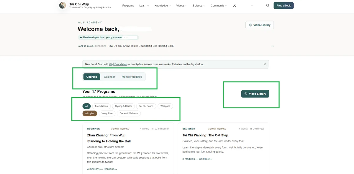 The member home: Courses, Calendar and Member updates tabs, with the latest addition above them.