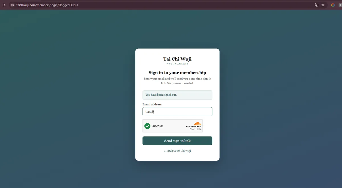 The member sign-in page: an email field, a Cloudflare check, and a Send sign-in link button.