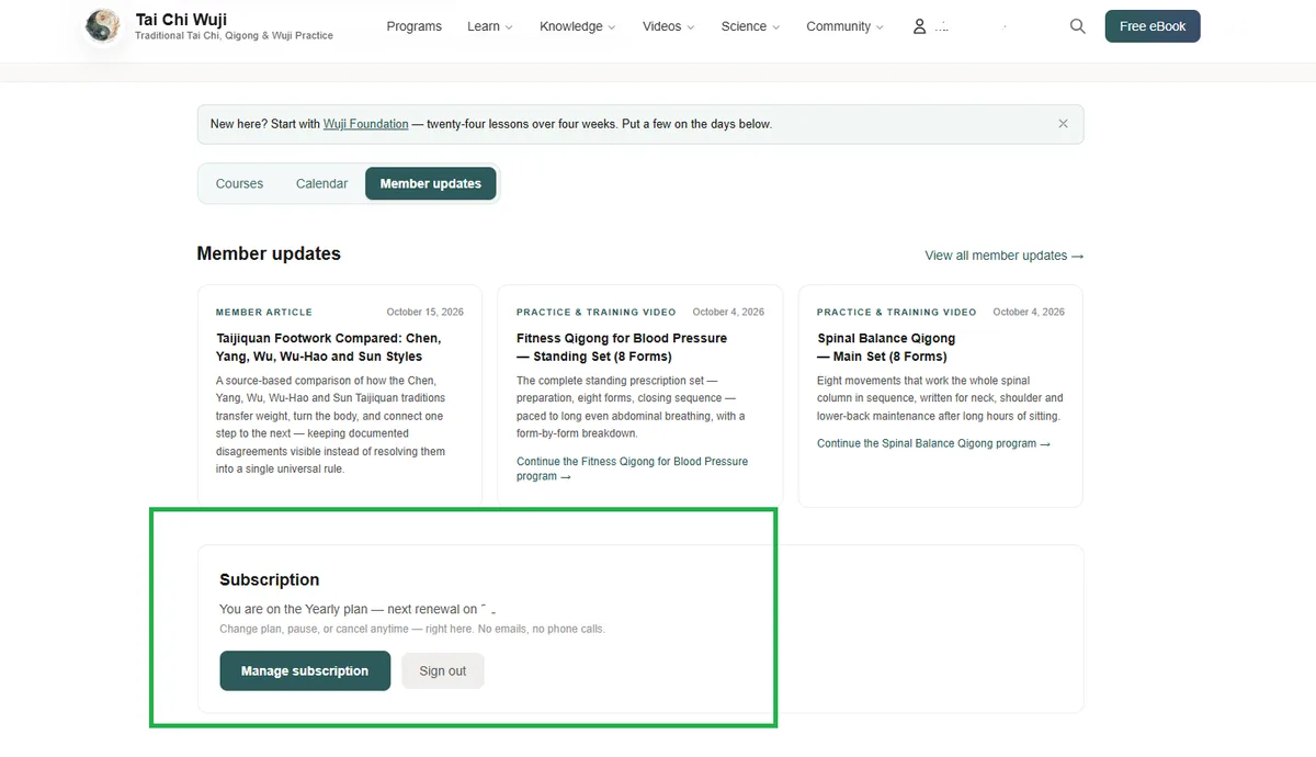The subscription buttons at the bottom of the member page: Manage subscription and Sign out.