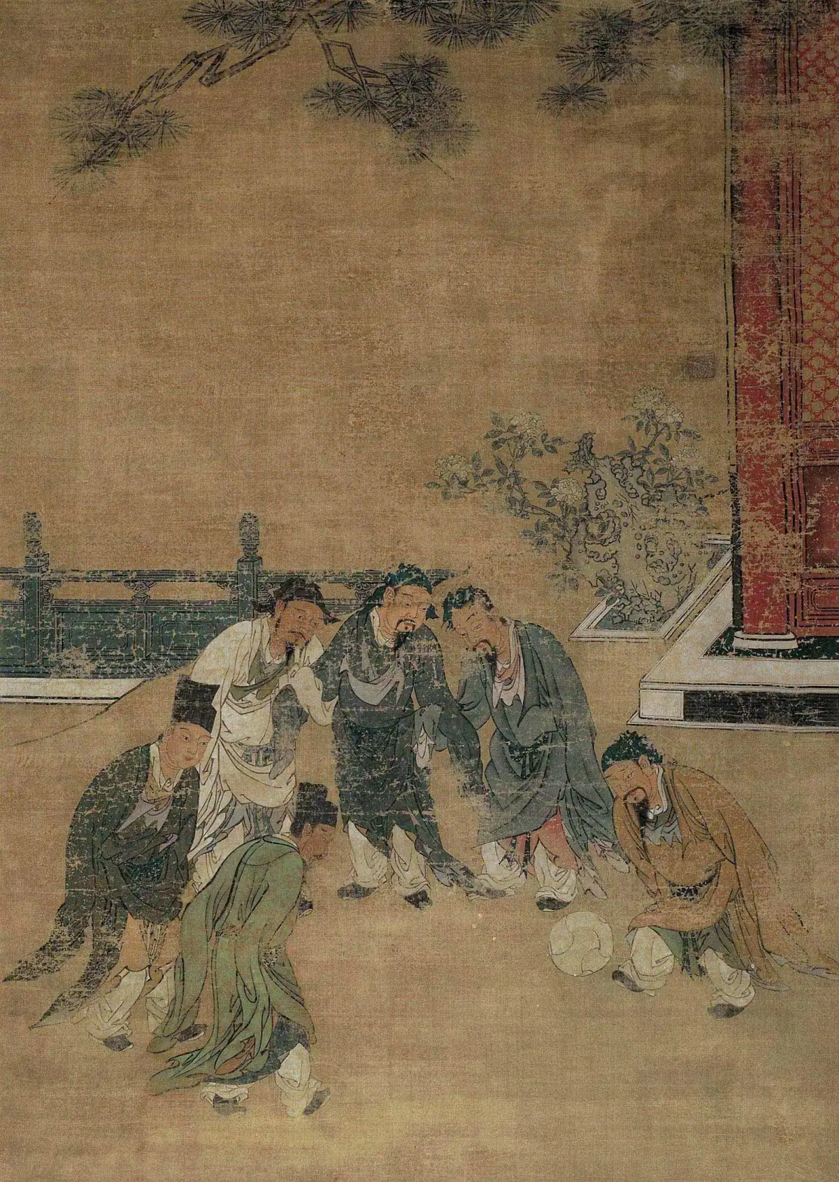 A Chinese painting of men playing cuju: one player raises a leg to strike the ball while the others watch