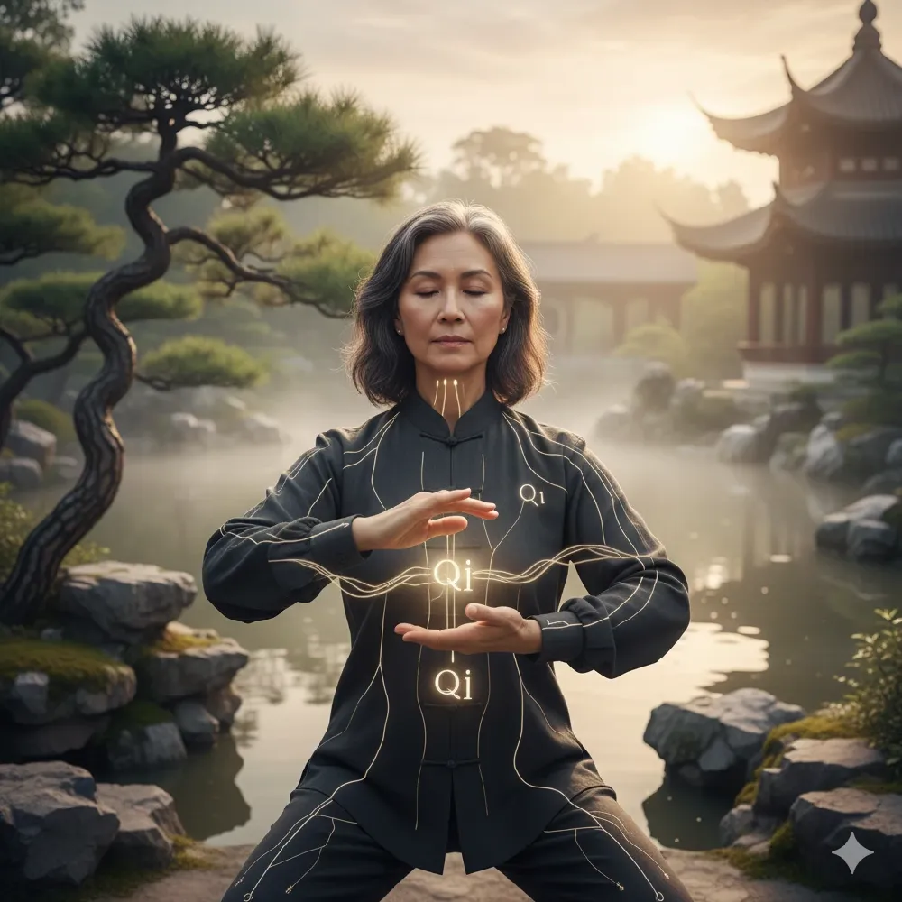  an image of a Tai Chi practitioner focusing on internal energy flow