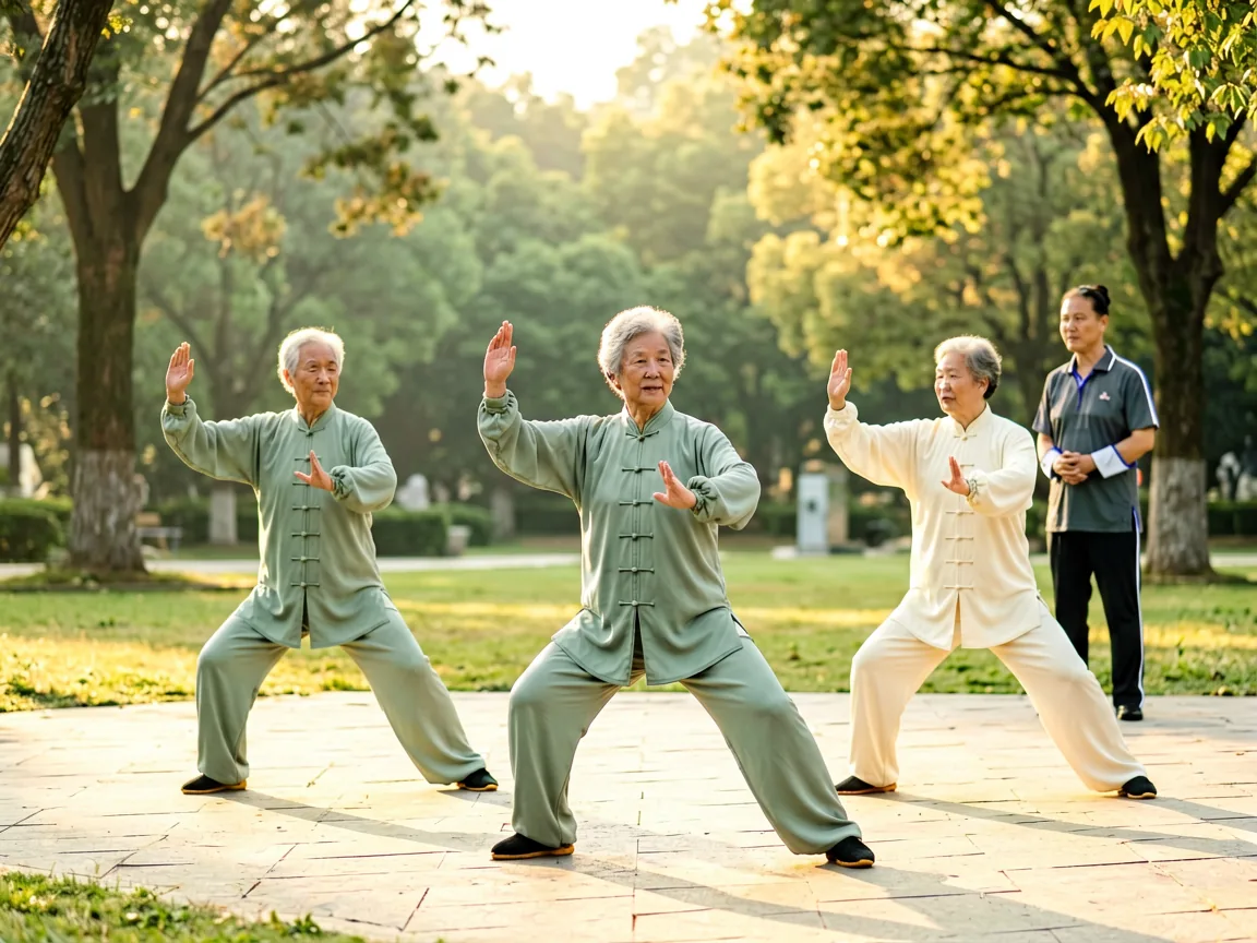 Older practitioners working on slow weight-shifting balance in a park — one of the capacities 2026 Tai Chi research measures most directly